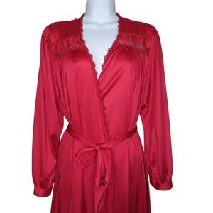 Vintage Full Length Robe Womens M Red Nylon Lace Trim Long Sleeve Pocket Belted